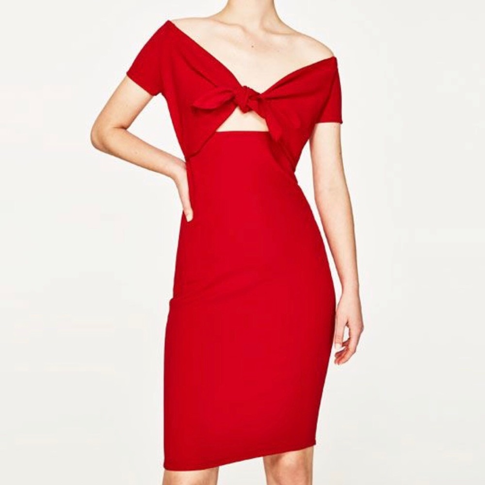 Zara red knot cut out dress nwt